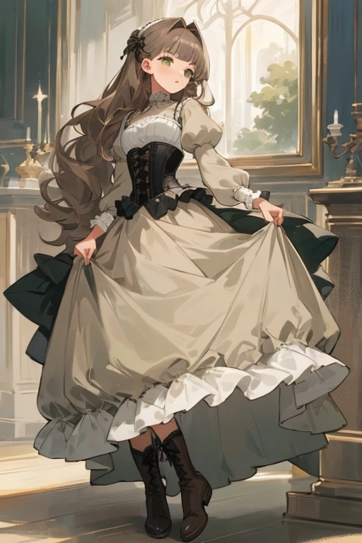 Highest quality masterpiece detailed girl Grey-brown hair color Well-groomed hair Wave Long Gray-green eyes dress corset Frills drape dress boots Eyebrow bangs