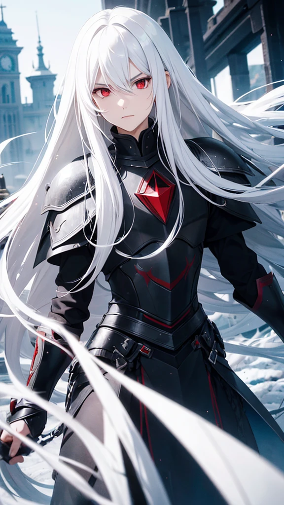 young man with long hair,white hair,red eyes,(oval face) Cold person (Triangular shaped head)Wearing black knight armor all over.,Ride the black dragon