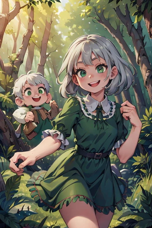 perfect face, perfect hands. A silver haired girl with green eyes in a Gothic dress is smiling in a creepy forest with a big smile