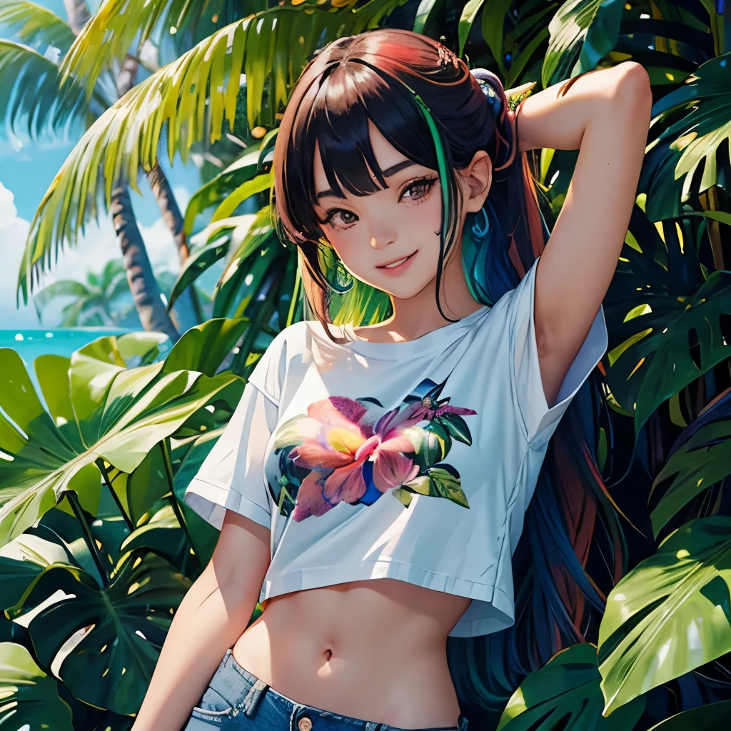 girl, Plumeria flower design t-shirt and jeans shorts, Focusing on the upper body, Multicolored Hair, close your eyes, Big happy smile, Detailed Art, Superbly detailed, Tropical forest landscape, summer, Beach, bikini, Sunbathing, Have fun