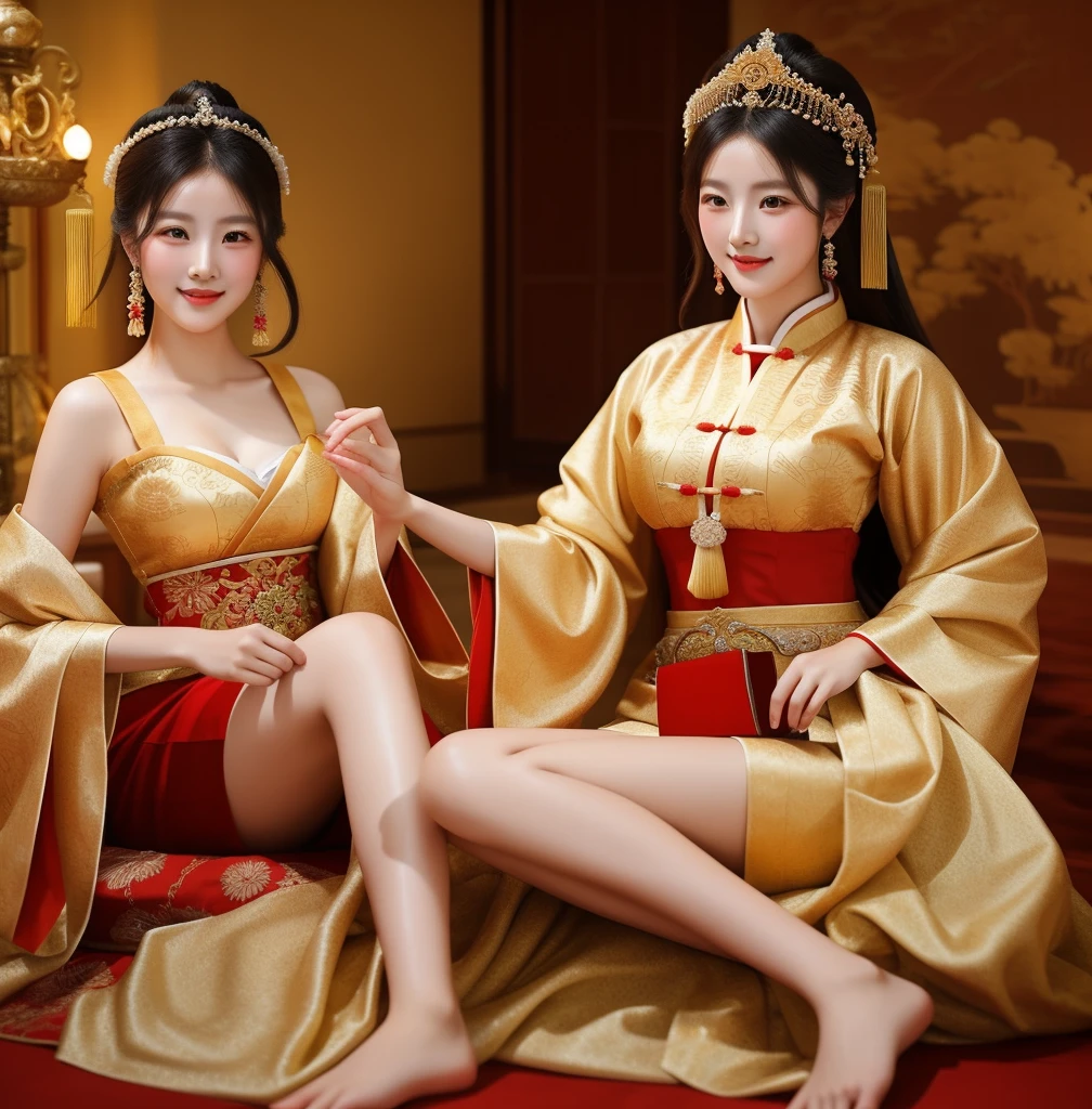 A beautiful lady with a great figure, dressed in Tang Dynasty clothing, looking graceful and luxurious, 16K quality, authentic, with a photography style that captures a classical beauty with a smile on her face, showing her entire body including her feet.