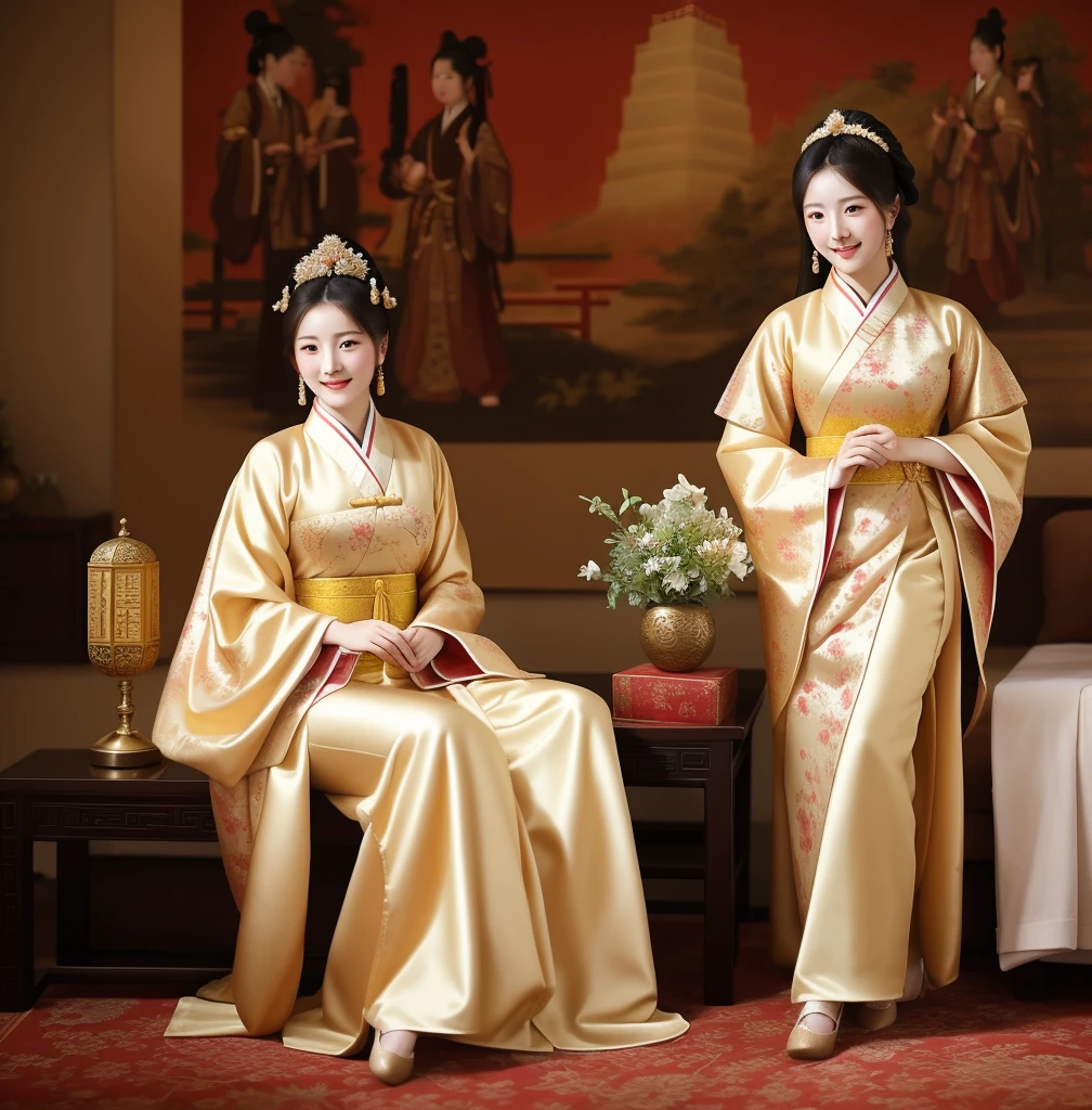 A beautiful lady with a great figure, dressed in Tang Dynasty clothing, looking graceful and luxurious, 16K quality, authentic, with a photography style that captures a classical beauty with a smile on her face, showing her entire body including her feet.