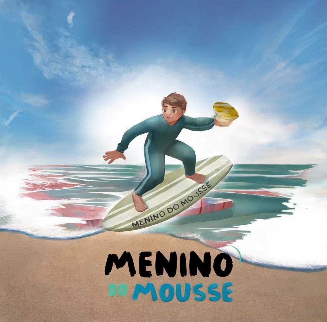 A boy surfing on the beach holding a mouse