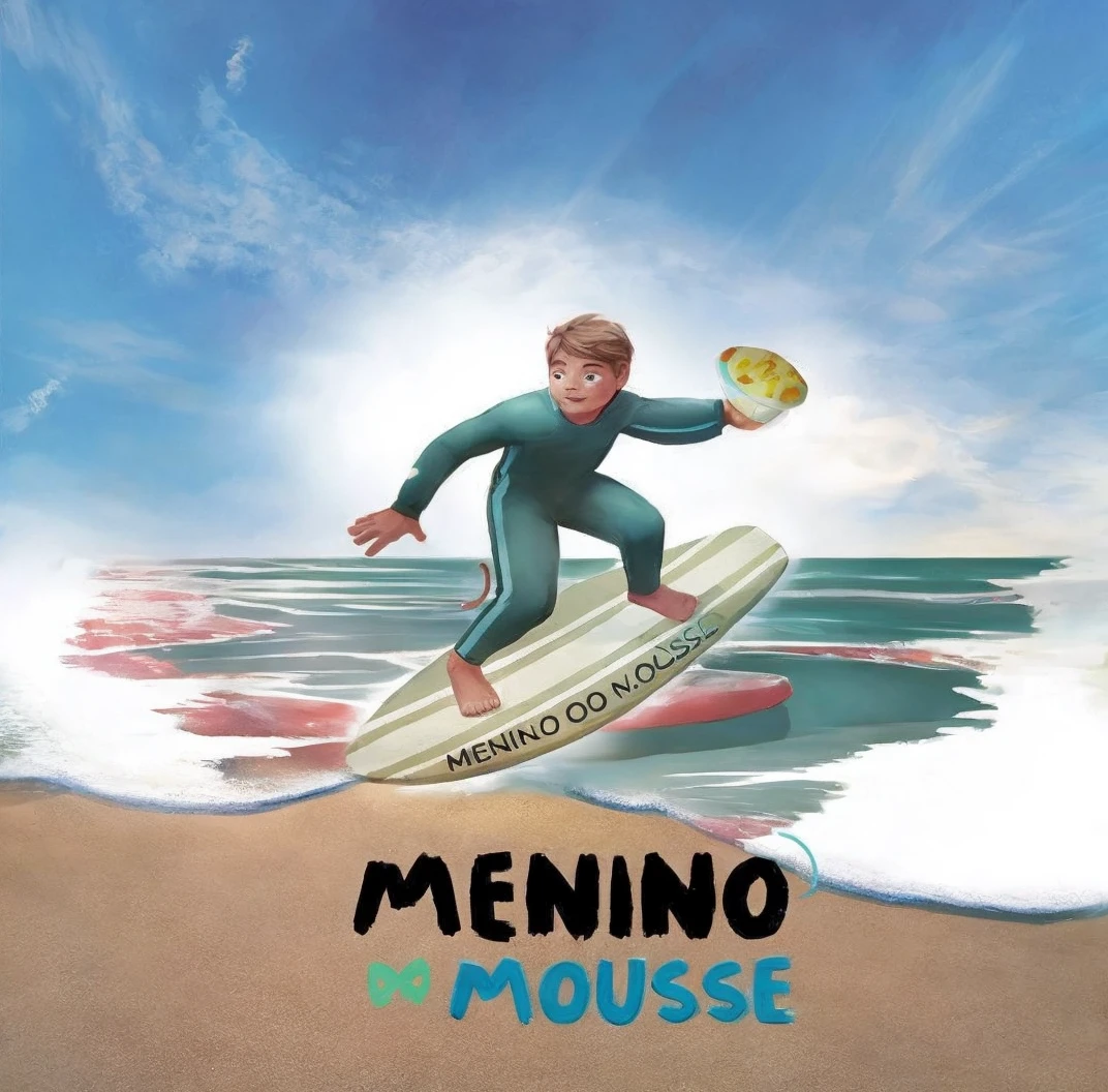 A boy surfing on the beach holding a mouse