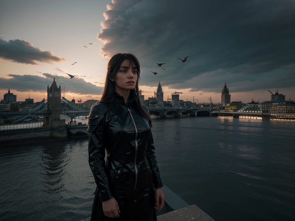 Hyperrealistic 8k high detail 3d art, An angel of destroyer standing by the riverside, watching the black birds fly by the empty city. Loneliness. London skies.