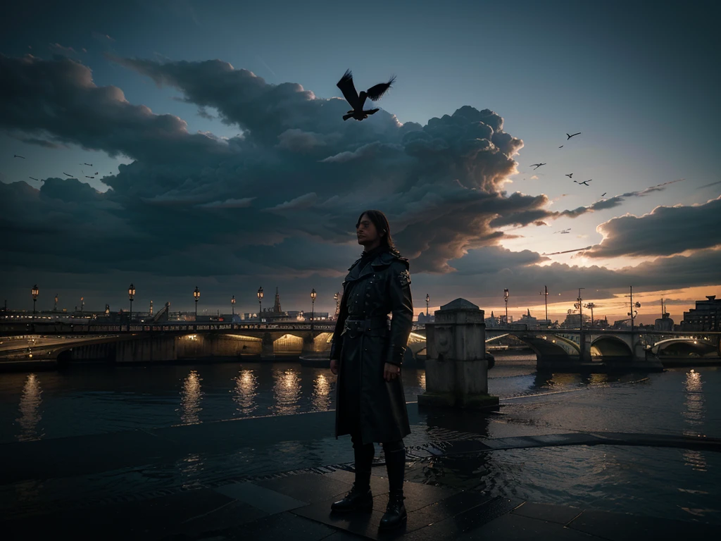 Hyperrealistic 8k high detail 3d art, An angel of destroyer standing by the riverside, watching the black birds fly by the empty city. Loneliness. London skies.