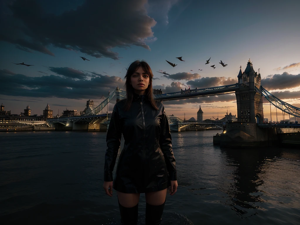 Hyperrealistic 8k high detail 3d art, An angel of destroyer standing by the riverside, watching the black birds fly by the empty city. Loneliness. London skies.
