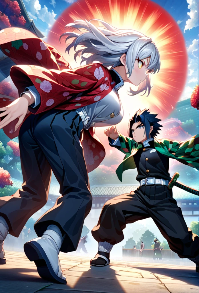 Ultra detailed, high resolution, absurd, HDR, masterpiece, anime girl and boy training, beautiful woman with long white hair with deep red streaks, girl with yellow eyes, black demon slayer uniform, haori, Kimetsu No Yaiba, fantasy, red flowers, beautiful, Tomioka Giyu, Water Hashira, Tomioka is training the girl using katanas, sun, daylight, best quality, extremely detailed face, anime, power, attack position, Tomioka Giyu is teaching the girl fighting, full body, they are in front of each other, both holding katanas
