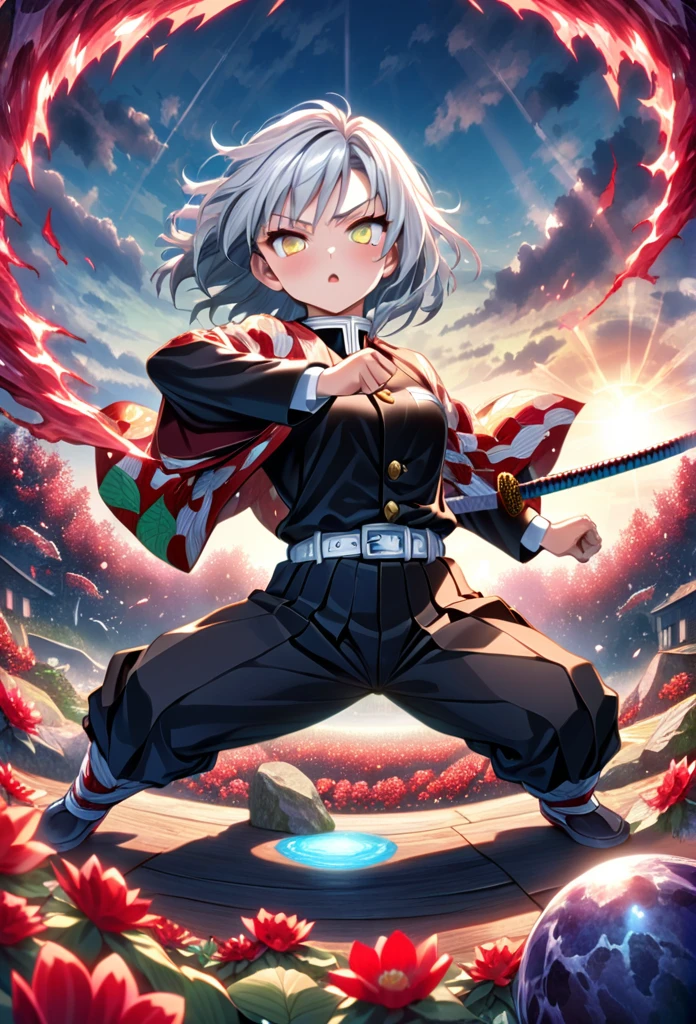 Ultra detailed, high resolution, absurd, HDR, masterpiece, anime girl and boy training, beautiful woman with long white hair with deep red streaks, girl with yellow eyes, black demon slayer uniform, haori, Kimetsu No Yaiba, fantasy, red flowers, beautiful, Tomioka Giyu, Water Hashira, Tomioka is training the girl using katanas, sun, daylight, best quality, extremely detailed face, anime, power, attack position, Tomioka Giyu is teaching the girl fighting, full body, they are in front of each other, both holding katanas