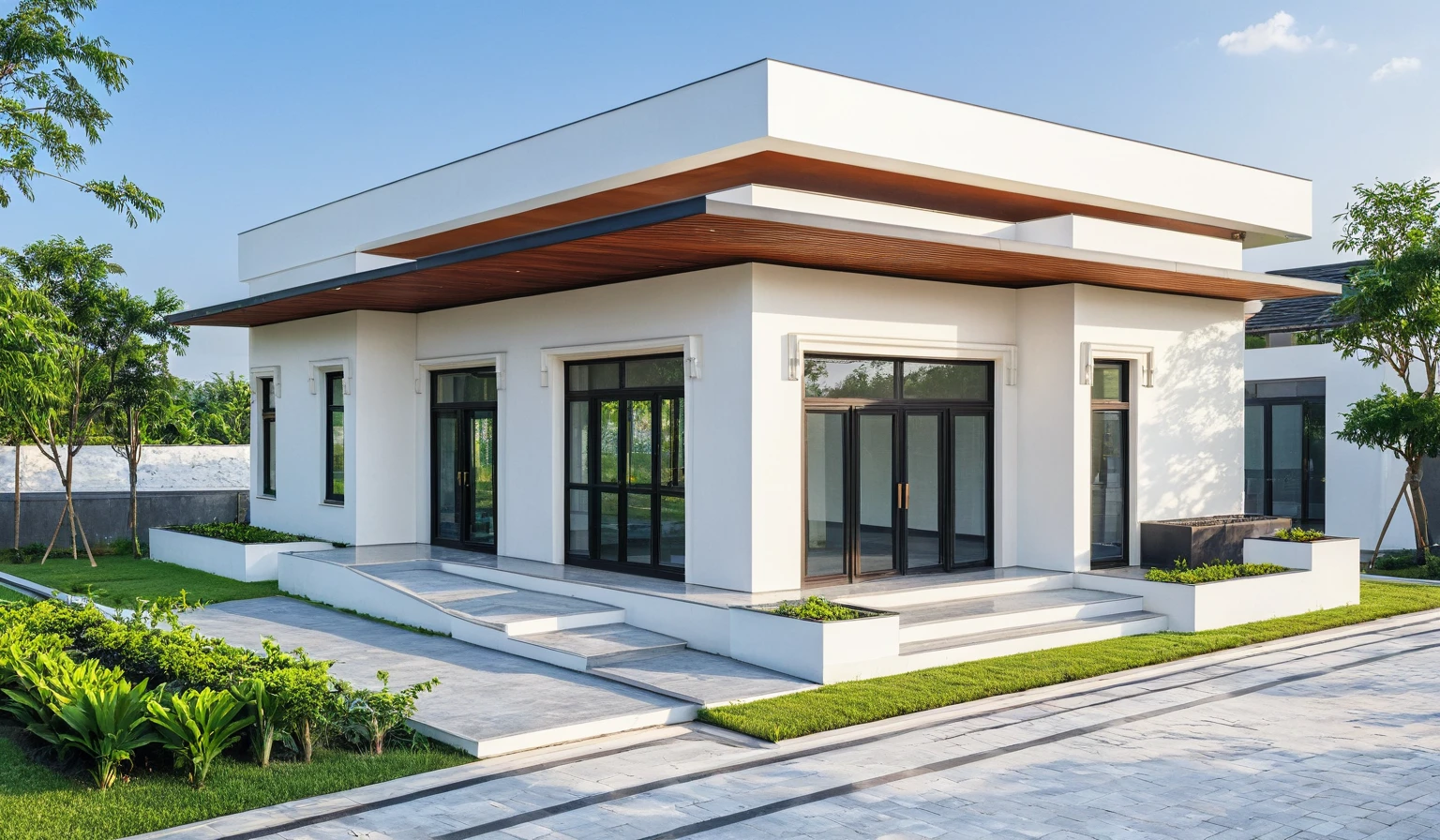 masterpiece, best quality, exterior design, single 1 storie modern house on the Vietnam village, modern dark tiled granite and white walls facade, wooden ceiling, large glass, minimalist modern style, green shrubs and tropical tree background, natural light, clear sky morning background, large door and windows,