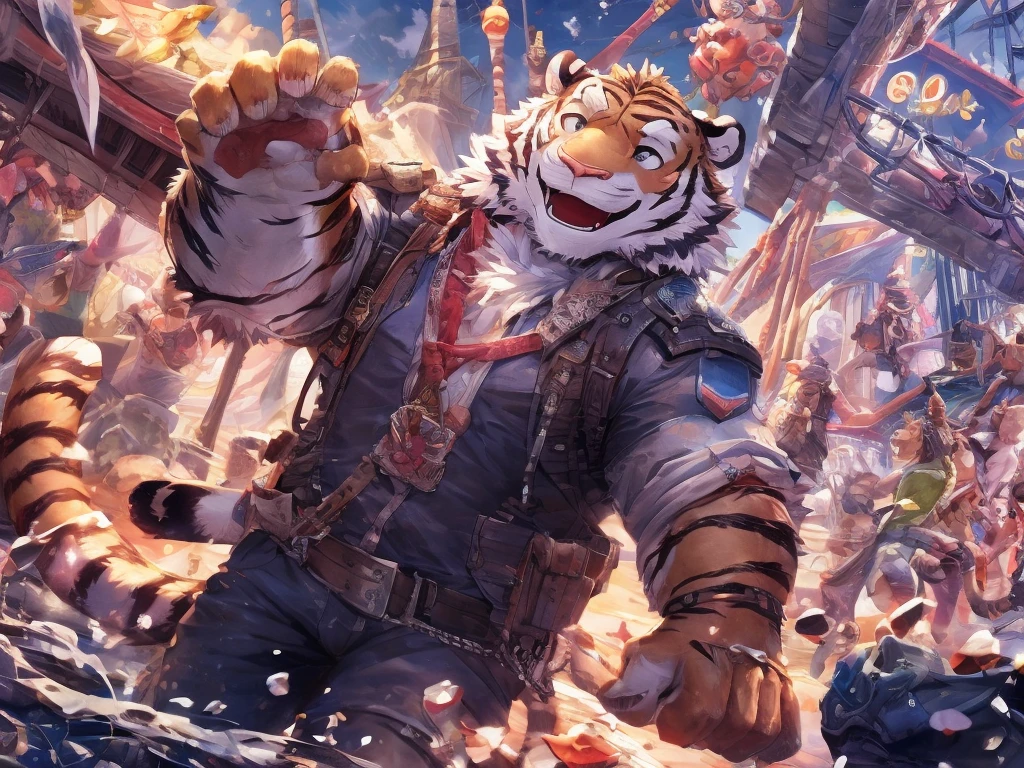 Tiger personification、A happy look、masterpiece、Highest quality、Detailed Background、amusement park