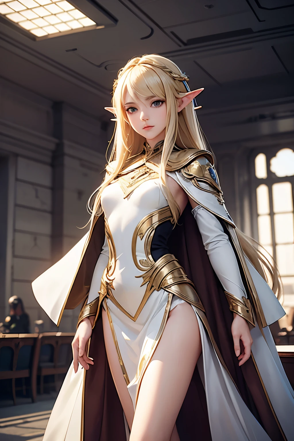 masterpiece,Highest quality,Very detailed,Elf Beautiful Girl,Long blonde hair,Very detailed eyes,Thin legs,Long skirt, underweight,Small breasts,Sci-Fi Suit,Cape,Sci-fi spaceship interior