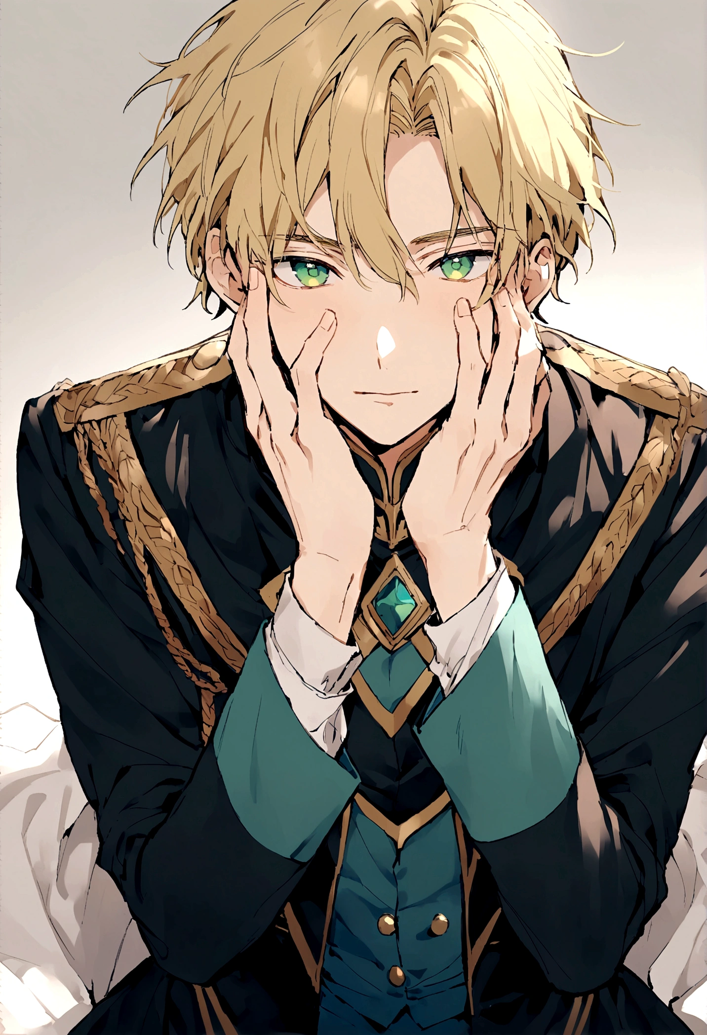 Male around 20 years old,Blonde hair with blue gradation at the ends,Green Eyes,He is wearing a uniform,Put your hands on your face,Place one hand on face,