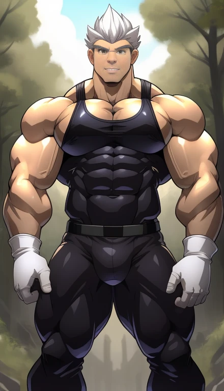 male, standing, full body. Mexican ethnicity. tanned skin, silver white hair, short hair bangs that fall on both sides of his youthful face. carefree expression, young man, alone, marked muscles, beautiful musculature, aesthetic stretch marks, inspiring physique, slender muscles, square pecs, beautiful V-cone, excellent abs and torso, chiseled abs, pectorals chiseled, perfect massive muscles, inflated muscles, voluminous pectorals, massive muscular body, a huge gigantic chest with a narrow waist, huge shoulders, ridiculously well-shaped large pecs, eight chiseled abs, (very toned and huge) with his military haircut and voluminous neck, narrow waist, golden eyes, young face, beautiful, young. muscular young bodybuilder with extraordinary and firm back, chiseled muscles, rhomboid muscles, latissimus dorsi. Gigachad. he wears a Use Vegeta's training suit. A tight one-piece suit from the neck to the ankles, black in color, the suit has no sleeves, it does not use a belt. The black shirt and pants are a single piece of clothing, the shirt has a U neck, has no sleeves and highlights his prominent abdominals and pectorals. (((Sleeveless shirt))) He doesn't wear a belt. His muscles stand out. He wears white gloves on his hands, and white boots. Ruins of a Jedi temple with forest background. standing, full body. (((Back))) huge firm muscular thighs, round buttocks and round butt with back, huge ass ((firm buttocks)) with big booty. (((black clothes))) (((white gloves))) (((white boots))). (((Sleeveless shirt))),((by maldu)).