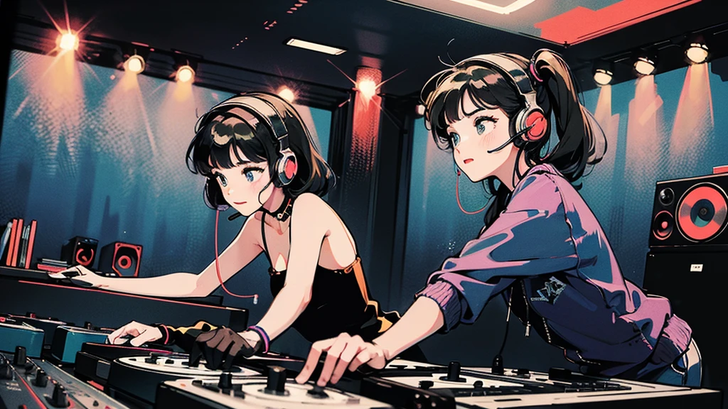 DJ girl in hip-hop fashion wearing a cool headset,Front view , Two large LED-illuminated speakers on each side, Immerse yourself in a neon-lit environment, In front of her is a music mixer and a turntable.、A record is placed on the turntable,ターンテーブルはTechnics SL-1200MK7,