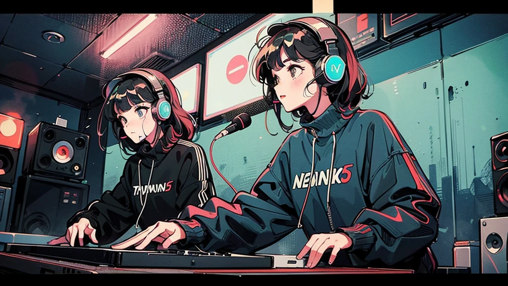 DJ girl in hip-hop fashion wearing a cool headset,Front view , Two large LED-illuminated speakers on each side, Immerse yourself in a neon-lit environment, In front of her is a music mixer and a turntable.、A record is placed on the turntable,ターンテーブルはTechnics SL-1200MK7,
