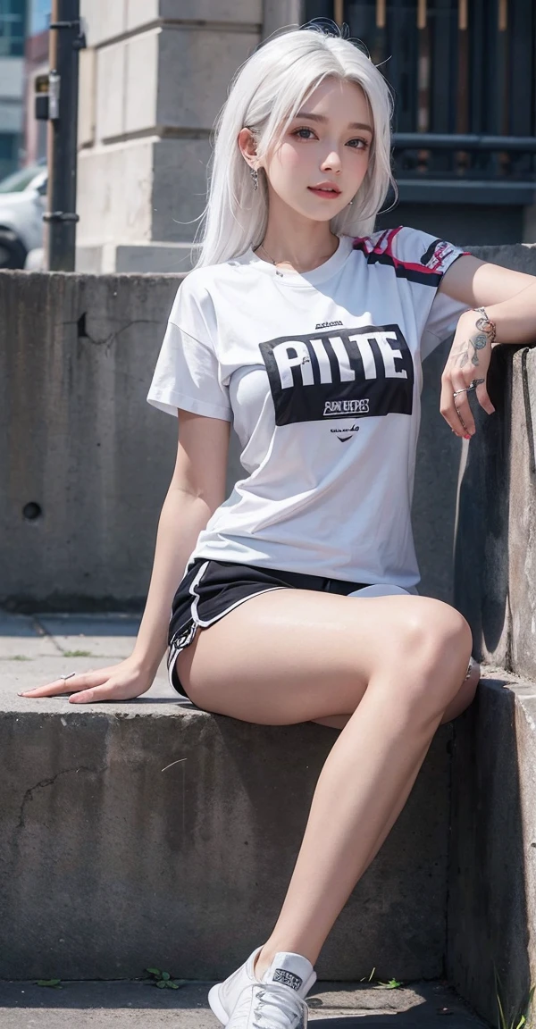 photorealistic, high resolution, 1women, mature female, solo, hips up, jewelry, tattoo, street wear, t-shirt, white hair, shorts, sitting, sport shoes