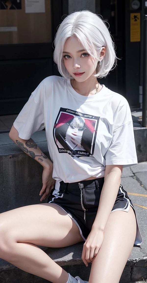 photorealistic, high resolution, 1women, female, solo, hips up, jewelry, tattoo, street wear, t-shirt, white hair, shorts, sitting, sport shoes