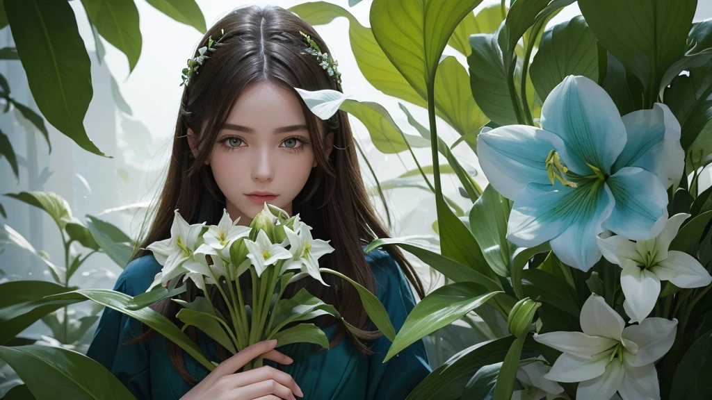 32k, Masterpiece, Highest quality, One girl, Brown Hair, Detailed eyes, flower,Amaryllis, Blue and green style,A dreamy, romantic piece,Pale green, Mysterious Leaves,A playful arrangement,Fantasy,High Contrast,Ink strokes,explosion,Exposure, Impression of blue and green tones,Abstract, Brush strokes,Negative Space, Tyndall effect, White background