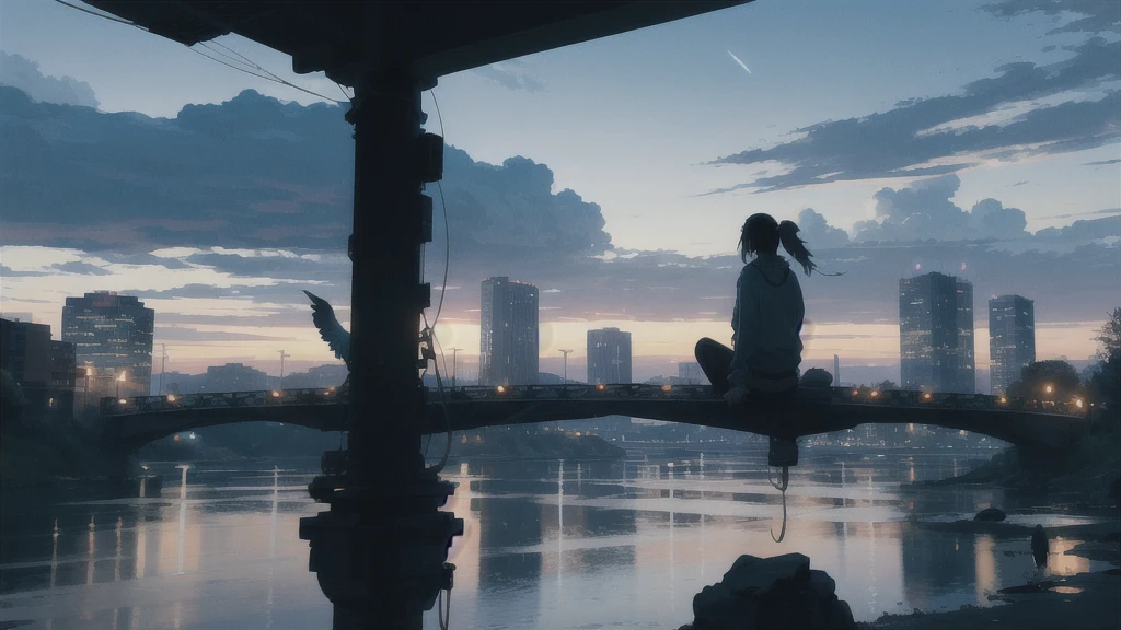 真っ暗なnight空,Octane, star (null), scenery, Blue parakeet,The acoustic guitar is in front of the body.,star, night, One Girl, Back view, alone, Outdoor, city,river,Blue parakeet,building, cloud, 天のriver, Sitting,silhouette