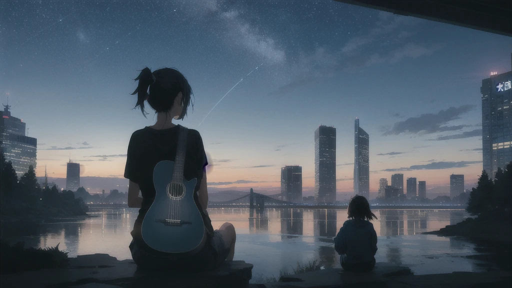 真っ暗なnight空,Octane, star (null), scenery, Blue parakeet,The acoustic guitar is in front of the body.,star, night, One Girl, Back view, alone, Outdoor, city,river,Blue parakeet,building, cloud, 天のriver, Sitting,silhouette