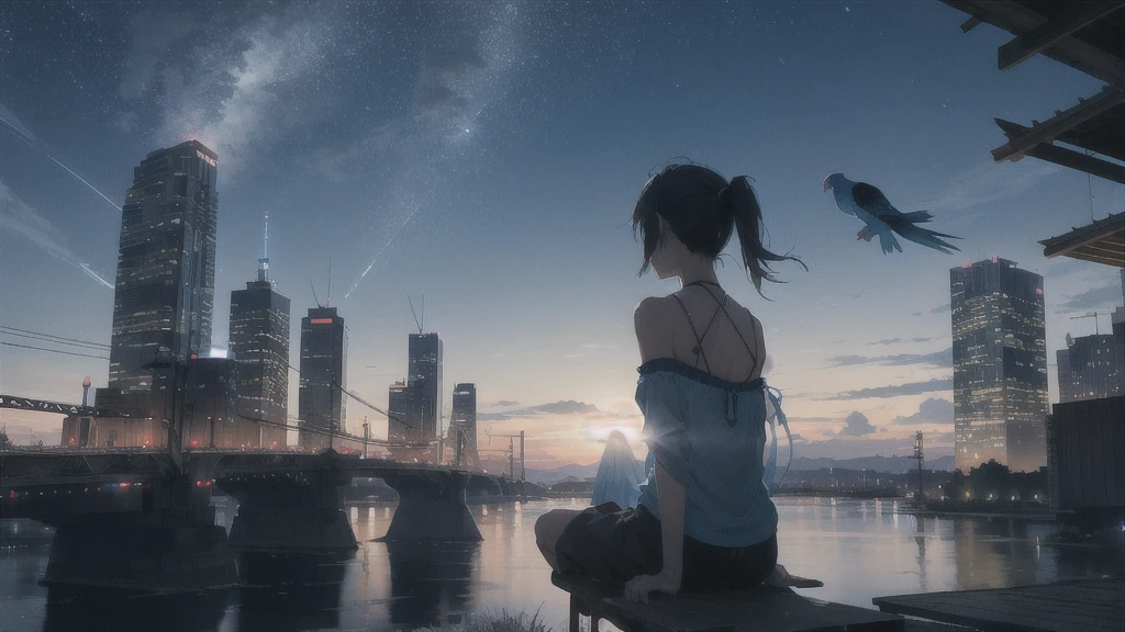 真っ暗なnight空,Octane, star (null), scenery, Blue parakeet,The acoustic guitar is in front of the body.,star, night, One Girl, Back view, alone, Outdoor, city,river,Blue parakeet,building, cloud, 天のriver, Sitting,silhouette