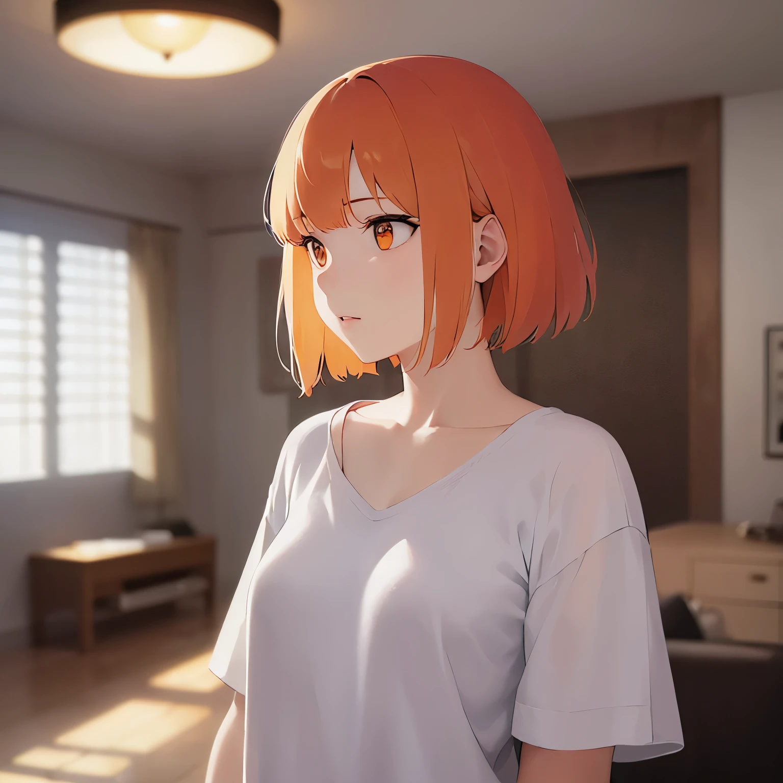 (looking away:1.5),Upper Body, Realistic, real person, (pale skin: 1.2), RAW photo, photorealistic, shiny skin, shiny hair、(A 25-year-old woman with a bob cut and bangs) and (orange hair) and (Orange Eyes) , Wearing a white V-neck T-shirt 、 worried, The background is the living room、Alone、Are standing