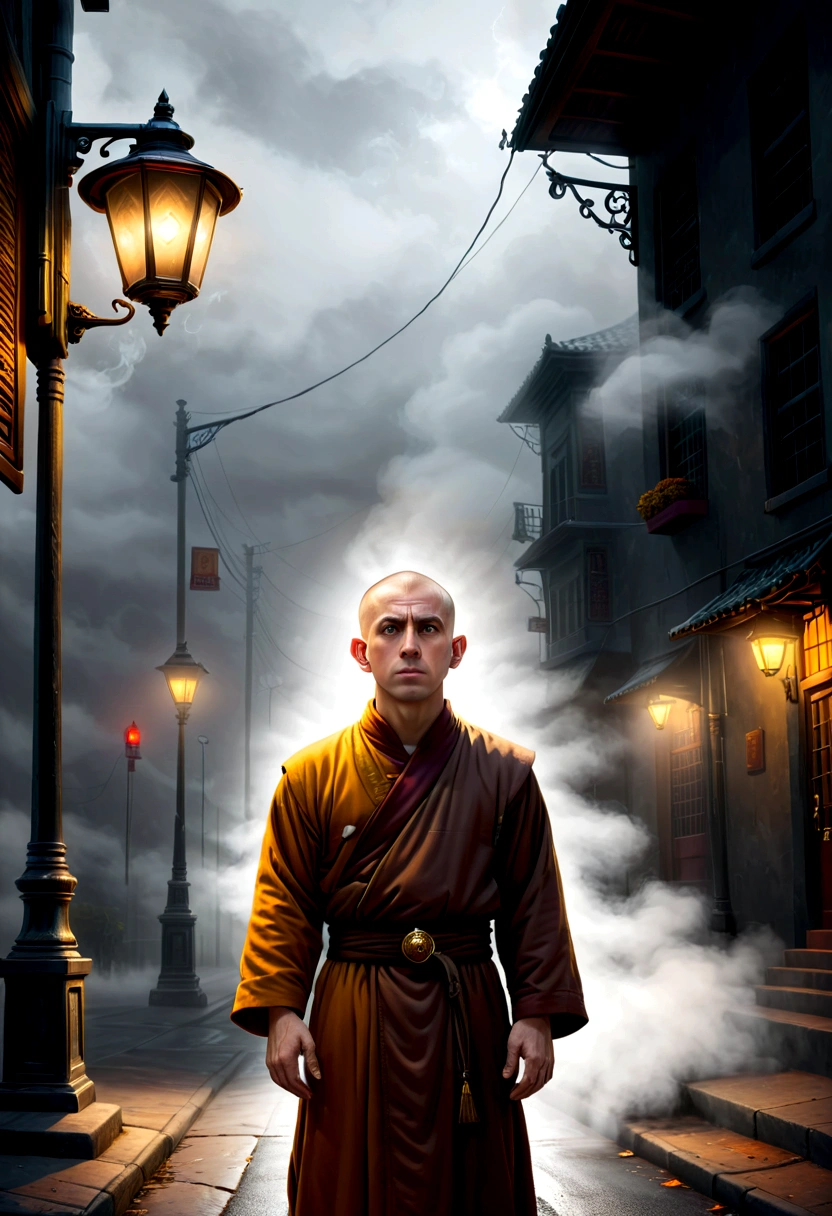 Monk illustration,, The confident tension and thrill are evident on his face. BREAK Case solved., street, Street lamp, Parked car Light fog, Tyndall effect　Breaking the Mystery,  Low - Angle, Dramatic lighting, Dark fantasy, oil, Bold brushwork, Rendering in exquisite detail, Digital Art, 3D Rendering, Octane Rendering, Breathtakingly beautiful CG