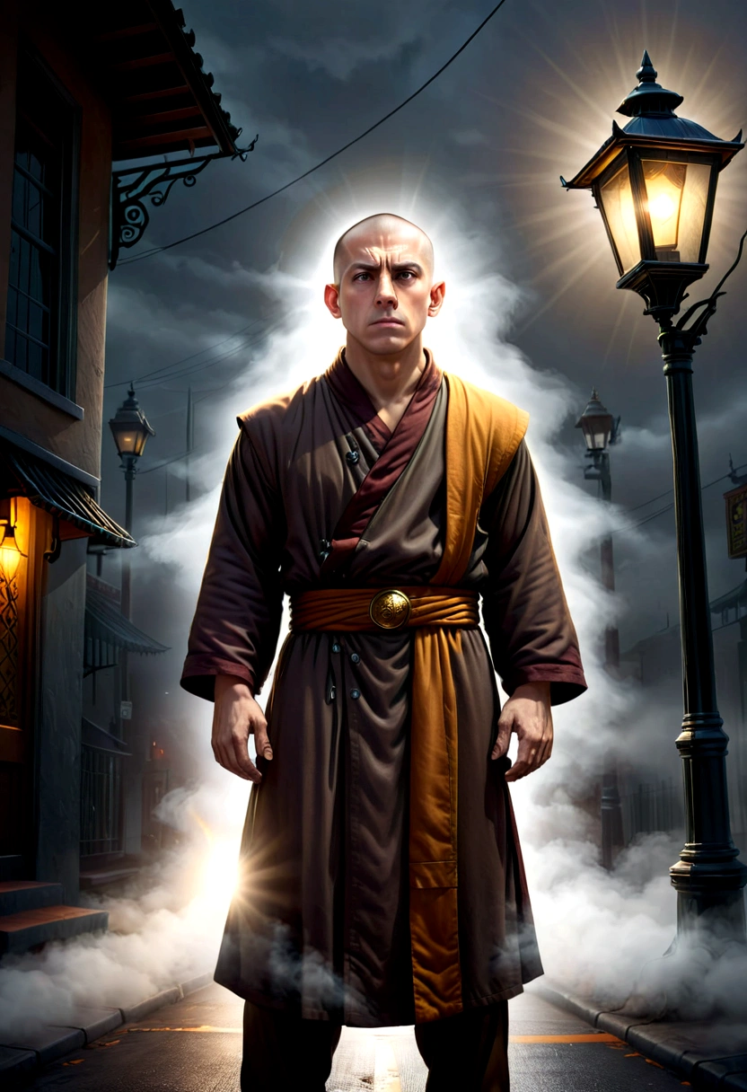 Monk illustration,, The confident tension and thrill are evident on his face. BREAK Case solved., street, Street lamp, Parked car Light fog, Tyndall effect　Breaking the Mystery,  Low - Angle, Dramatic lighting, Dark fantasy, oil, Bold brushwork, Rendering in exquisite detail, Digital Art, 3D Rendering, Octane Rendering, Breathtakingly beautiful CG