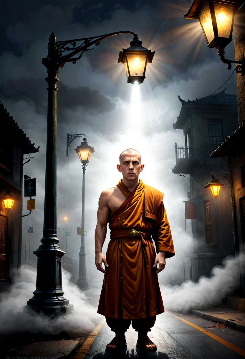 Monk illustration,, The confident tension and thrill are evident on his face. BREAK Case solved., street, Street lamp, Parked car Light fog, Tyndall effect　Breaking the Mystery,  Low - Angle, Dramatic lighting, Dark fantasy, oil, Bold brushwork, Rendering in exquisite detail, Digital Art, 3D Rendering, Octane Rendering, Breathtakingly beautiful CG