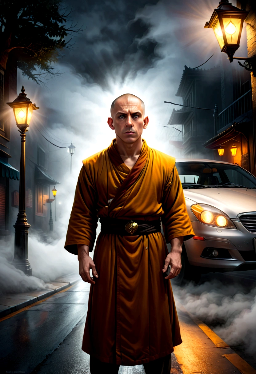 Monk illustration,, The confident tension and thrill are evident on his face. BREAK Case solved., street, Street lamp, Parked car Light fog, Tyndall effect　Breaking the Mystery,  Low - Angle, Dramatic lighting, Dark fantasy, oil, Bold brushwork, Rendering in exquisite detail, Digital Art, 3D Rendering, Octane Rendering, Breathtakingly beautiful CG