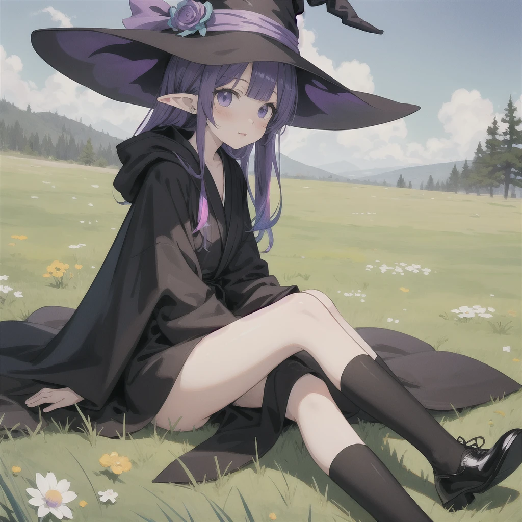 anime girl long purple hair wearing a black Robe. she has pointy ears. Witch Hat. Manga kawaii. iridescent ,An illustration, 0ne person .Sitting in the grass, hair blowing in the wind
