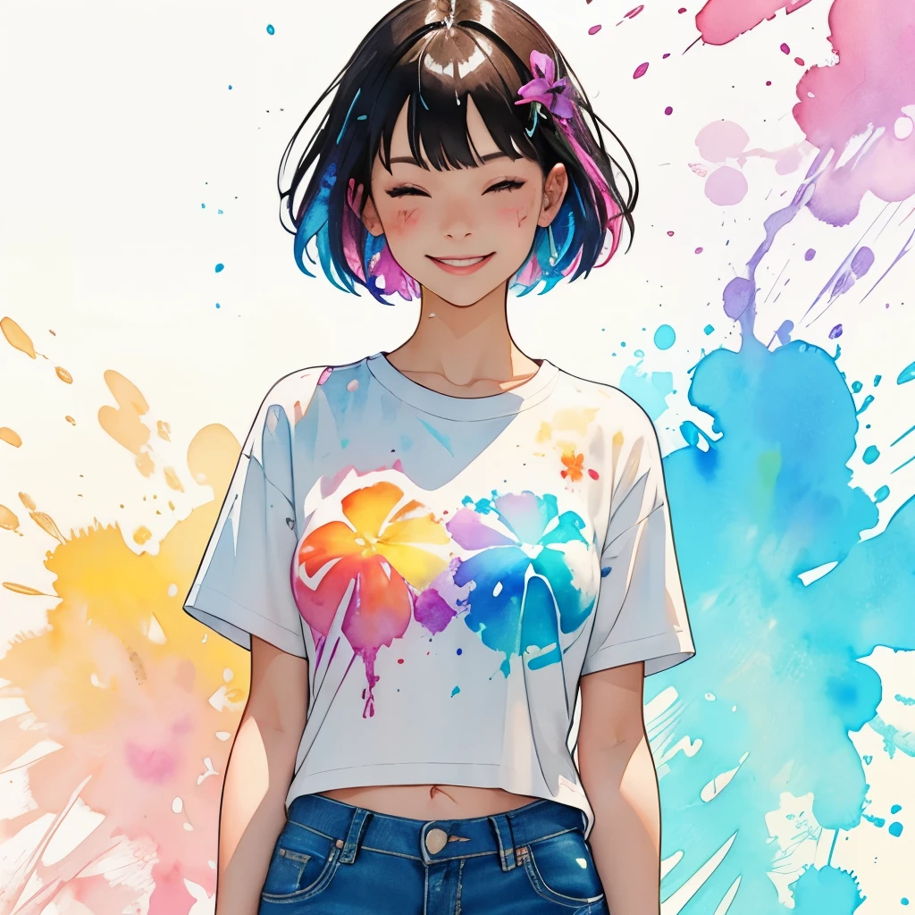 Plumeria painting with splatter background and spray paint effect, Adam Hughes, Plumeria flower design t-shirt and jeans shorts, Focusing on the upper body, Multicolored Hair, close your eyes, Big happy smile, Watercolor, Watercolor paintsing, Watercolor paintsing style, Watercolorの詳細なアート, Watercolor digital painting, Watercolor paints, 見事なWatercolor, Watercolor