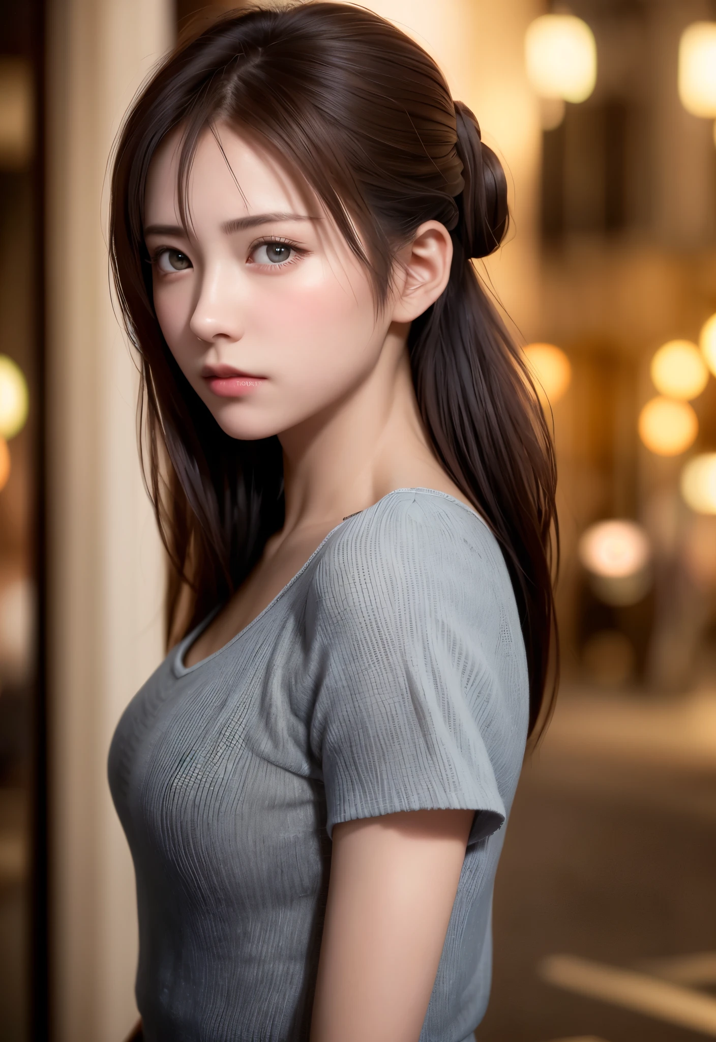 8K, of the highest quality, masutepiece:1.2), (Realistic, Photorealsitic:1.37), of the highest quality, masutepiece, Beautiful young woman, Pensive expression, Thoughtful look, Elegantly dressed, Hair tied back, Messy mood, Cinematic background, Tired, Light skin tone