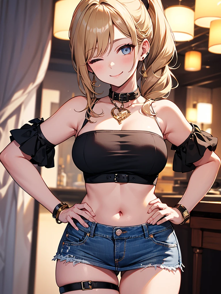 (highest quality, High resolution, perfect pixel, Depth of bounds written, 4K), upper body, (chair), (looking up), (detailed eyes), (1 lady), tall, (skinny body:1.2), (thin thighs:1.2), (Narrow hips:1.2), (black tube tops:1.4), bellybutton, sleeveless, middle breasts, (blond hair), (ponytail:1.2), (standing:1.2), (denim mini skirt:1.3), (panty strap:1.2), (hand on hip and behind head:1.2), contrapposto, leaning forward, (seductive smile), one eye closed,