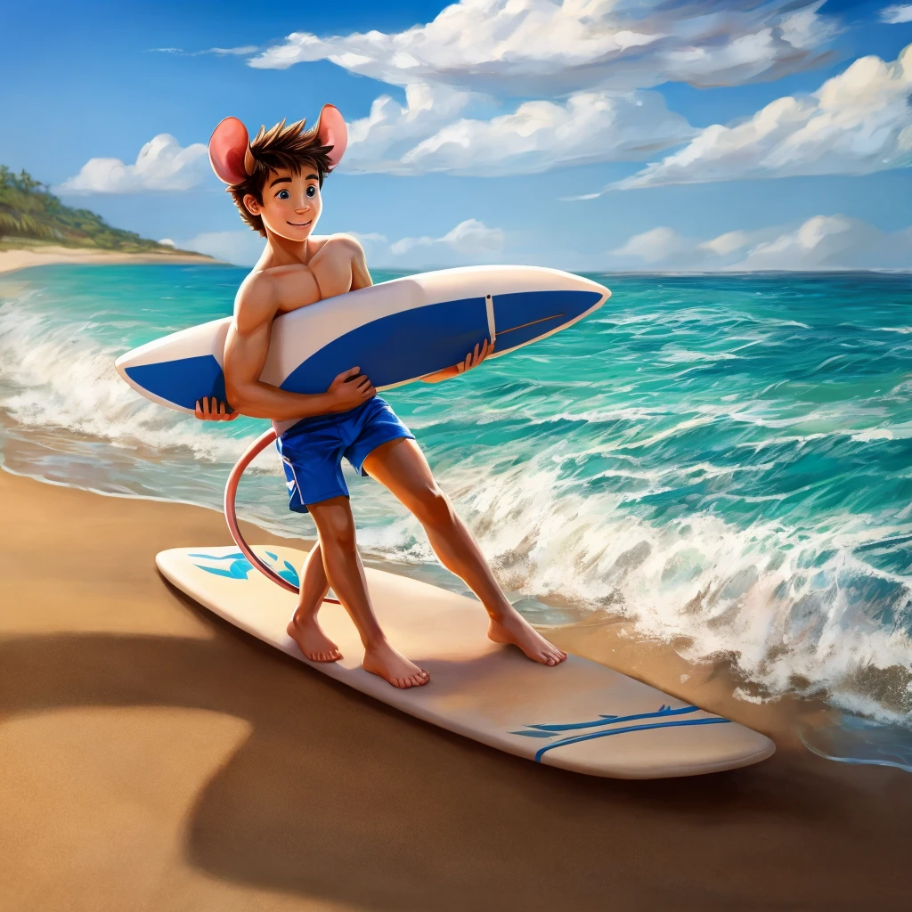 A boy surfing on the beach holding a mouse