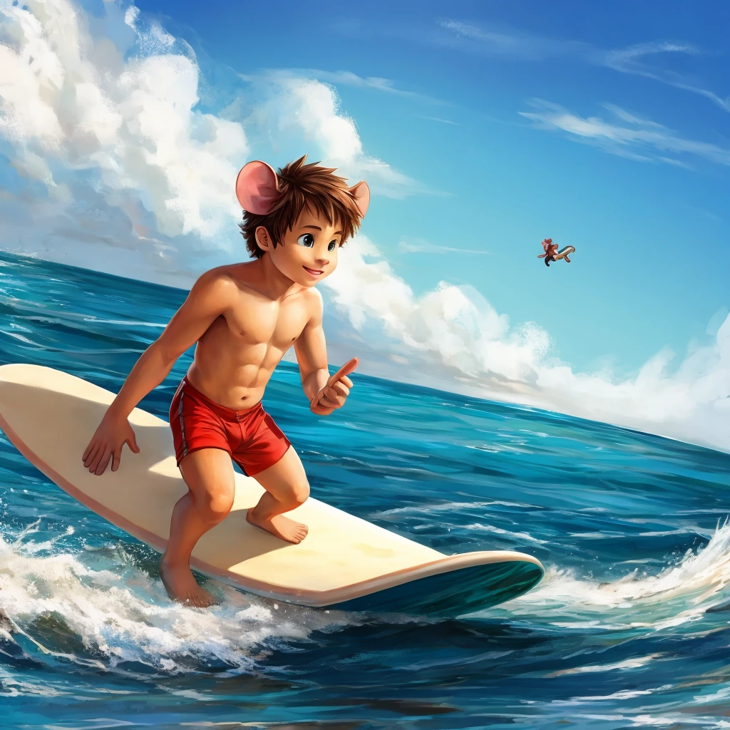 A boy surfing on the beach holding a mouse