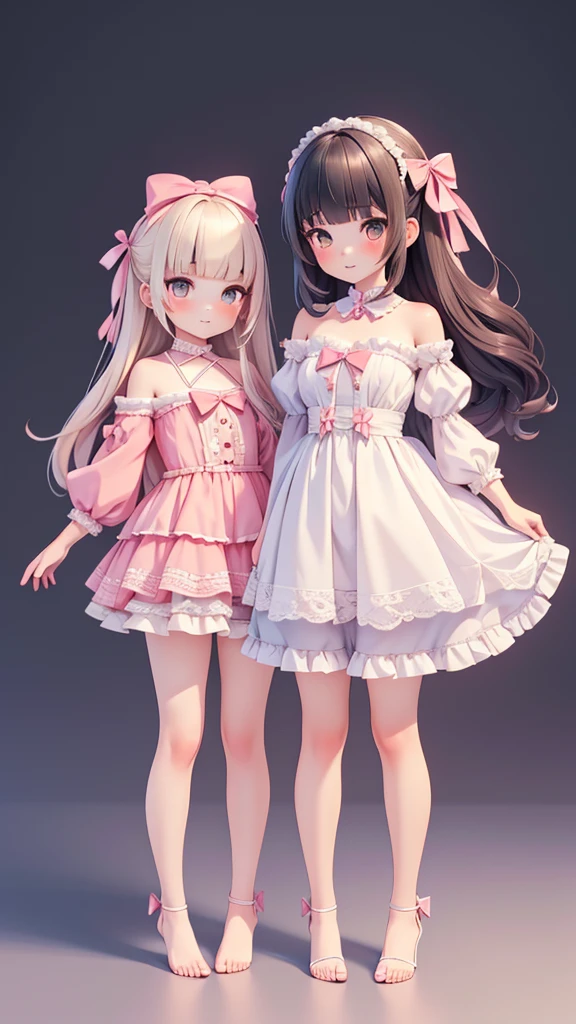 ((bishojo)), ((jk, 2 girls)), ((masterpiece)), (best quality), ((ultra detailed)), (exquisite), (depth), (crisp), (8k), (beautiful and aesthetic), (super detailed skin), ((high standard)), ((highres)), (perfect anatomy), ((full body)), (blush), (bare foot), ((wariza)), (lace strapless clothes), (blunt bangs), ((big bow in hair)), (yuri)