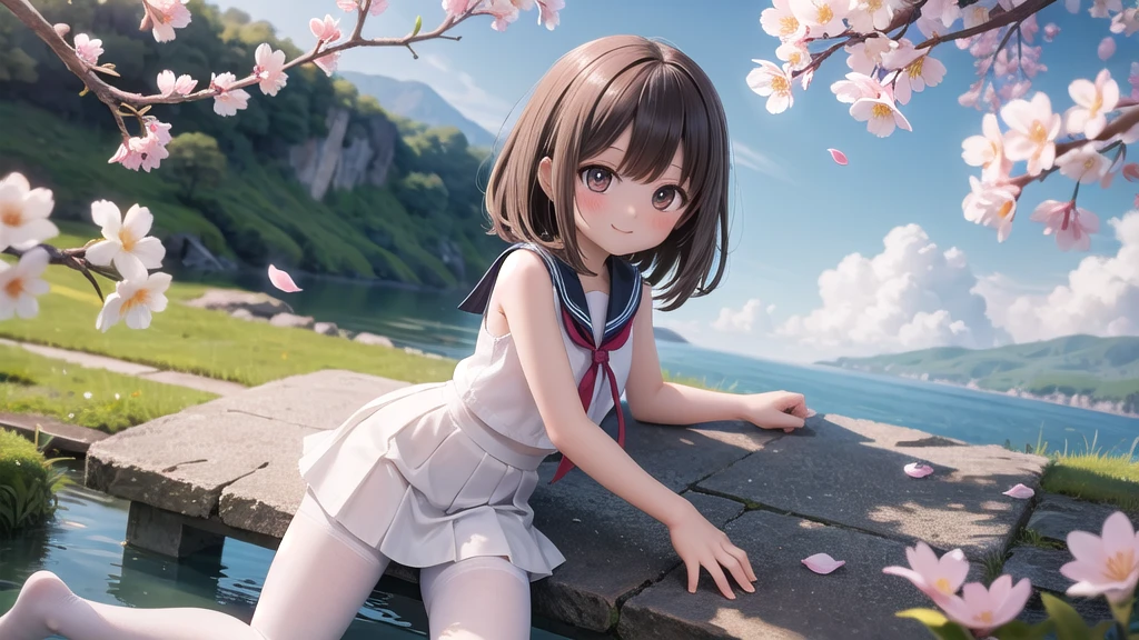 (masterpiece),  Outdoor,  cherry blossoms,  petal,  sunlight,  lake,  One Girl,  blush,  smile,  Medium Hair,  Sailor suit,　Long skirt, Overgrown, petal, plant、Skirt lining、White slip、nostalgic、pantyhose（gray）、You can see the sea in the distance, Crotch close-up