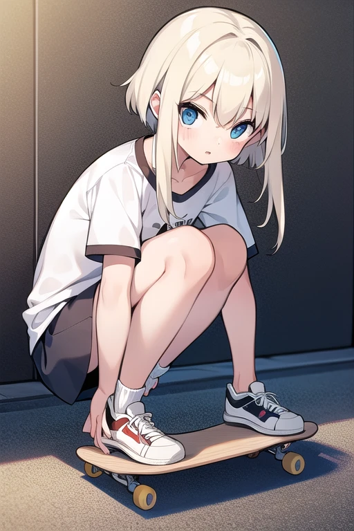 girl, skateboard, white blonde hair