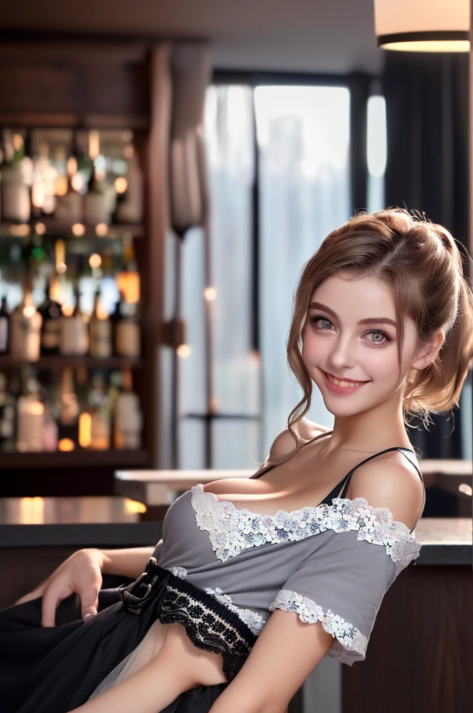 (((European Caucasian Woman)))、(((Mary, 18 years old)))、one person、(Thin contours、Grey Eye:1.5)、(Thin contours)、Big Breasts、Narrow waist、(((White and translucent skin:1.3)))、Beautiful, shiny blonde medium-long hair、8-head-tall model style、Tokyo cityWear、 Ultra HD、8hair、(1 female:1.2. Beautiful and natural、Full Body Shot,High-quality texture, Intricate details, Fine texture, High detail, Highly detailed CG, High Quality Shadows, Realistic facial expressions, Beautiful and delicate down to the last detail, Beautiful and delicate eyes, Brown pupil, Perfectly balanced face, Written boundary depth, Cinematic Light, Lens flare, Ray Tracing,perspective, (Big eyes:1.2), Perfect body,Dutch Angle,Excellent anatomy,, elegant, Bright colors, 、Waist、Small Mouth、((bar)、night、night景、((One person))、smile,Idol、Black short sleeve lace top、Black tulle skirt、Black clothes、「Dwarf」、(Floral clothes)、single、