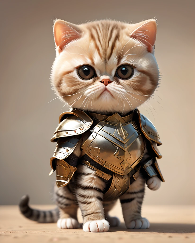 High-detail images Exotic Shorthair Kitten Warrior Wearing armor Full Body Shot Looking straight at me