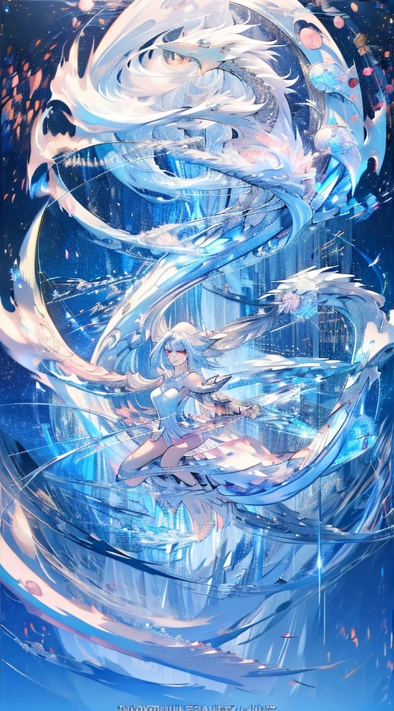 white dragon girl，（Cute Girl），teenage girl，stare，Absolutely beautiful.，exquisite face，white fluorescent tulle，A small white dragon surrounded him.，white flame particle effect，Dragon Feather Decorated with white feathers.，（(Cute face）)，glowing scales，Focus on the face，Detailed background，white dragon background，splash of color，Masterpiece，soft，angel，angelอากาศกระพือ，Surreal and realistic，Popular CG renderings，Highest picture quality，crystal，big moon moonlight background，Moisturized lips，8K