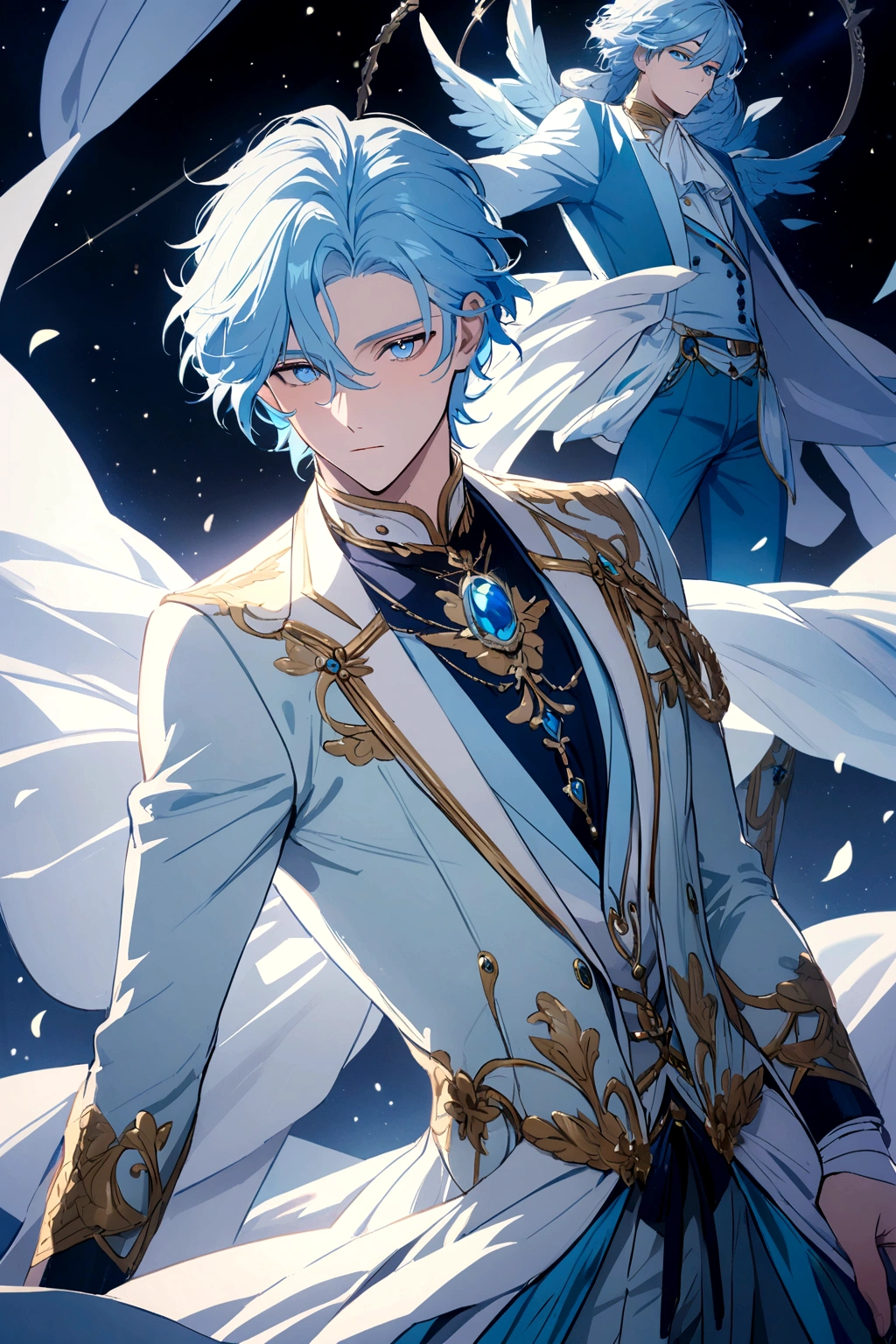 Beautiful male god with light blue hair and light blue eyes, light blue clothes and navy blue