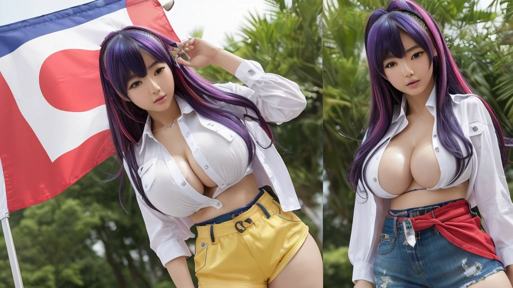 8k, best quality, masterpiece:1.2), (realistic, photo-realistic:1.37), ultra-detailed, Japanese Young woman with perfect athletic yet curvy body with big asses and natural breasts (gigantic breasts)+++ and (colorful hair)+++ (in short Jpop outfit)+++ (open shirt buttons)+++ (Breast about To burst out from her clothes)+++ (japan flag on shirt)+++ (mini shorts pants), full body,