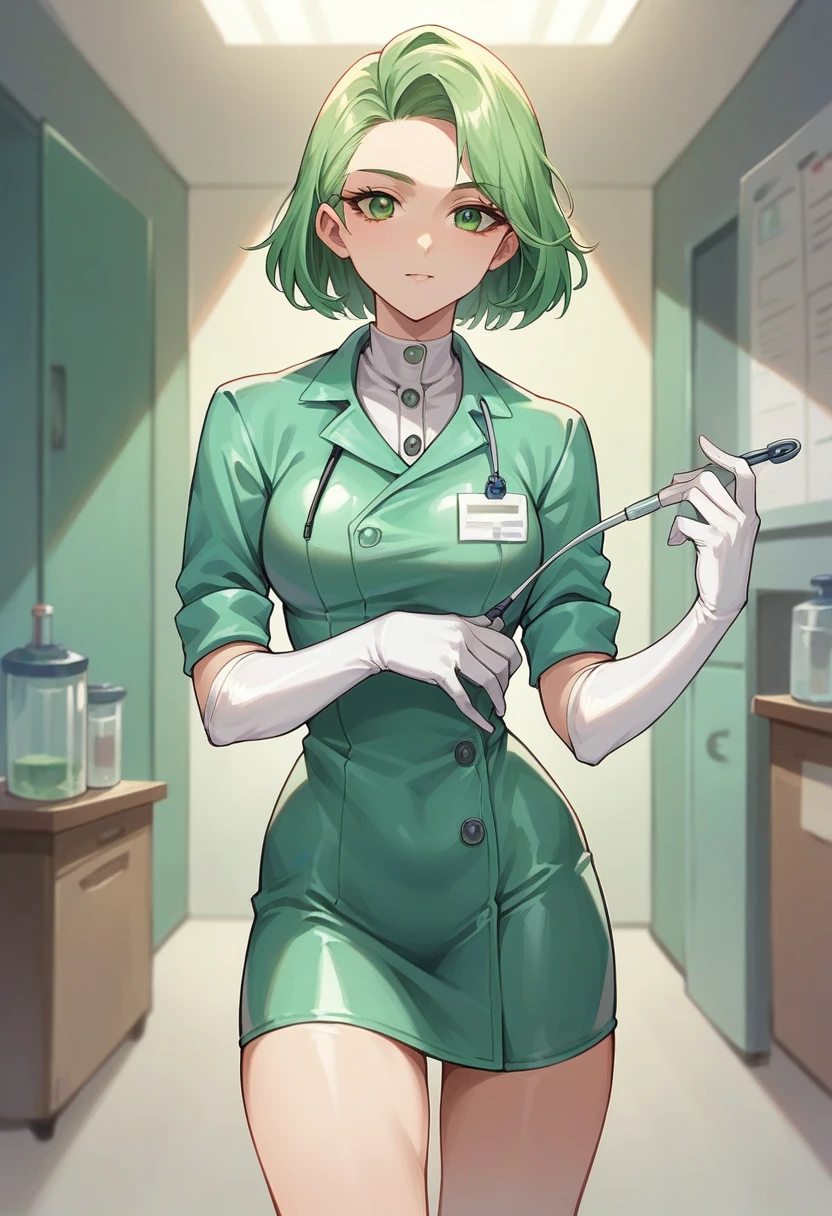 1girl, ((white elbow gloves)), ((surgical gloves)), ((latex gloves)), ((((long sleeves)))), looking at viewer, ((light green doctor outfit)), standing, solo