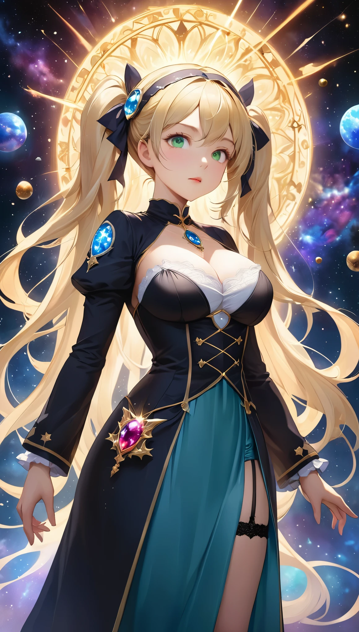 space war, 8K resolution, masterpiece, Highest quality, Award-winning works, unrealistic, Only sexy women, healthy shaped body, Age 25, White wavy long hair, hair band, huge firm bouncing busts, witch, royal coat of arms, elegant, Very detailed, Digital Painting, artステーション, コンセプトart, Smooth, Sharp focus, shape, artジャム、Greg Rutkowski、Alphonse Mucha、William Adolphe Bouguereau、art：Stephanie Law , Magnificent cosmic background, Royal Jewel, nature, Full Shot, Symmetric, Greg Rutkowski, Charlie Bowwater, beep, Unreal 5, Surreal, Dynamic Lighting, ファンタジーart, Complex colors, カラフルなmagic陣, magic, Small face, Very delicate facial expressions, Delicate eye depiction, Upper body close-up,, erotic, dynamic sexy poses, One sexy woman, Healthy body shape, 24-year-old woman, doaxvv_marie rose, witch, Height: 170cm, big firm bouncing busts, , blonde very long wavy hair, twin tail,, Glaring at the camera, Looking up, Invincible laughter, A complex, gothic-style long dress, , Green long skirt, garter belt, Brown Loafers, Standing Alone