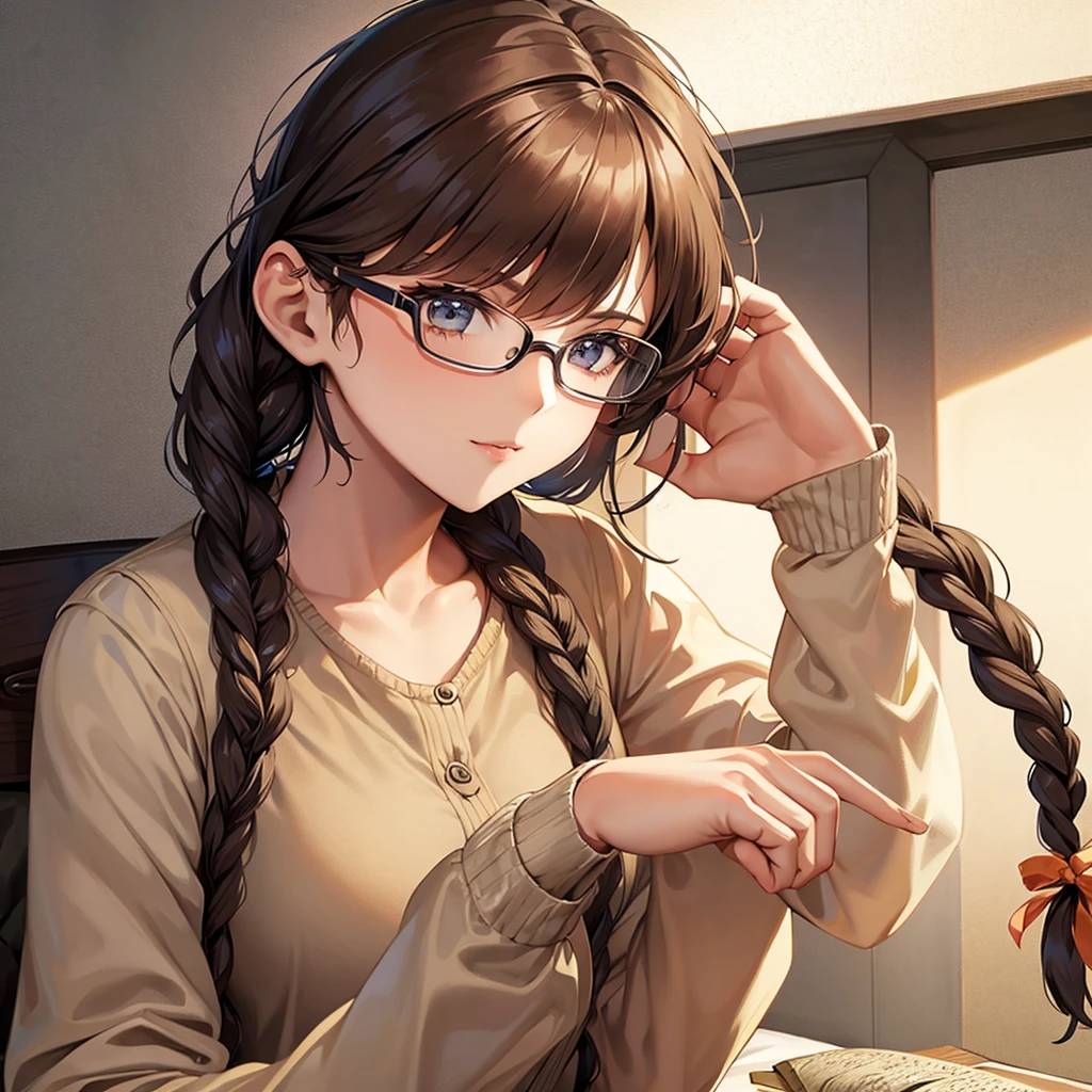 17 year old girl wears glasses and braids her hair.