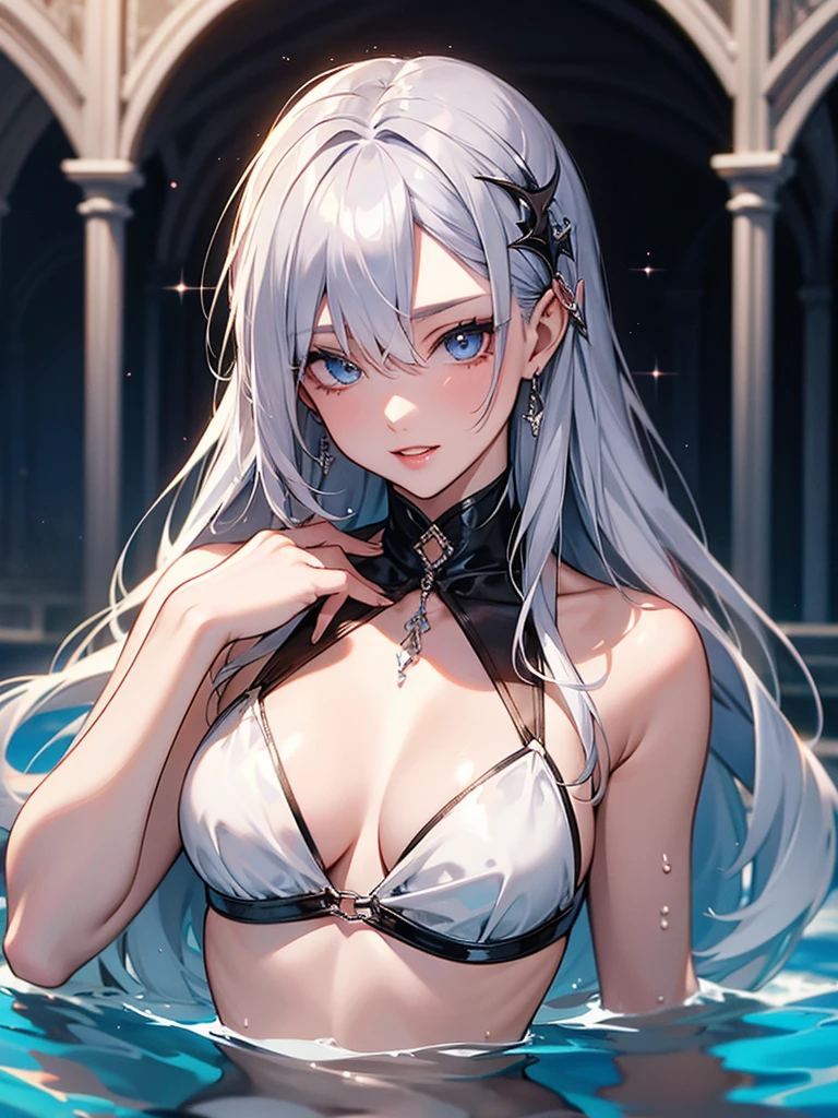 {{swim ring}}、Silver Hair、Vampire's Girlfriend、Wavy long hair、Ocean、blue sky、swim ringに乗る、Swim ring、Tsundere girl、luxuryな白い水着、bikini、Lots of decorations and accessories、Vampire motif、evil smile、dynamic angle、Big Breasts、swim ring、Date、Holding boyfriend's hand、Double teeth、Splash、luxury、Popularity