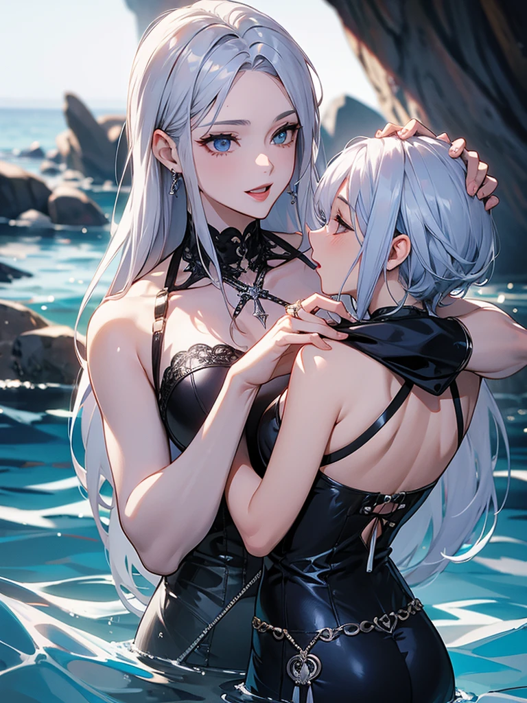 {{swim ring}}、Silver Hair、Vampire&#39;s Girlfriend、Wavy long hair、Ocean、blue sky、swim ringに乗る、Swim ring、Tsundere girl、luxuryな白い水着、bikini、Lots of decorations and accessories、Vampire motif、evil smile、dynamic angle、Big Breasts、swim ring、Date、Holding boyfriend&#39;s hand、Double teeth、Splash、luxury、Popularity